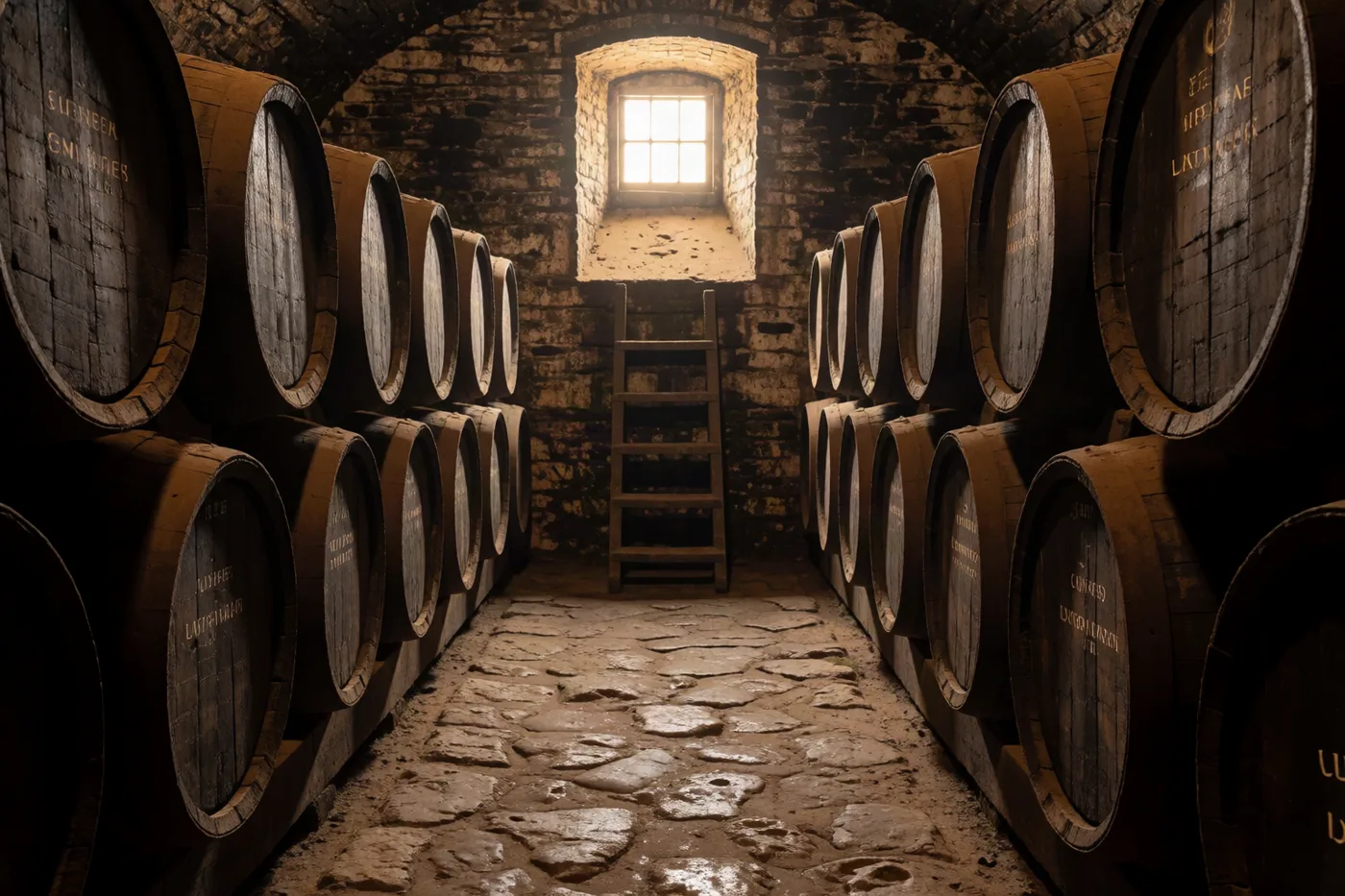 Oak casks resting in the Emberfall warehouse