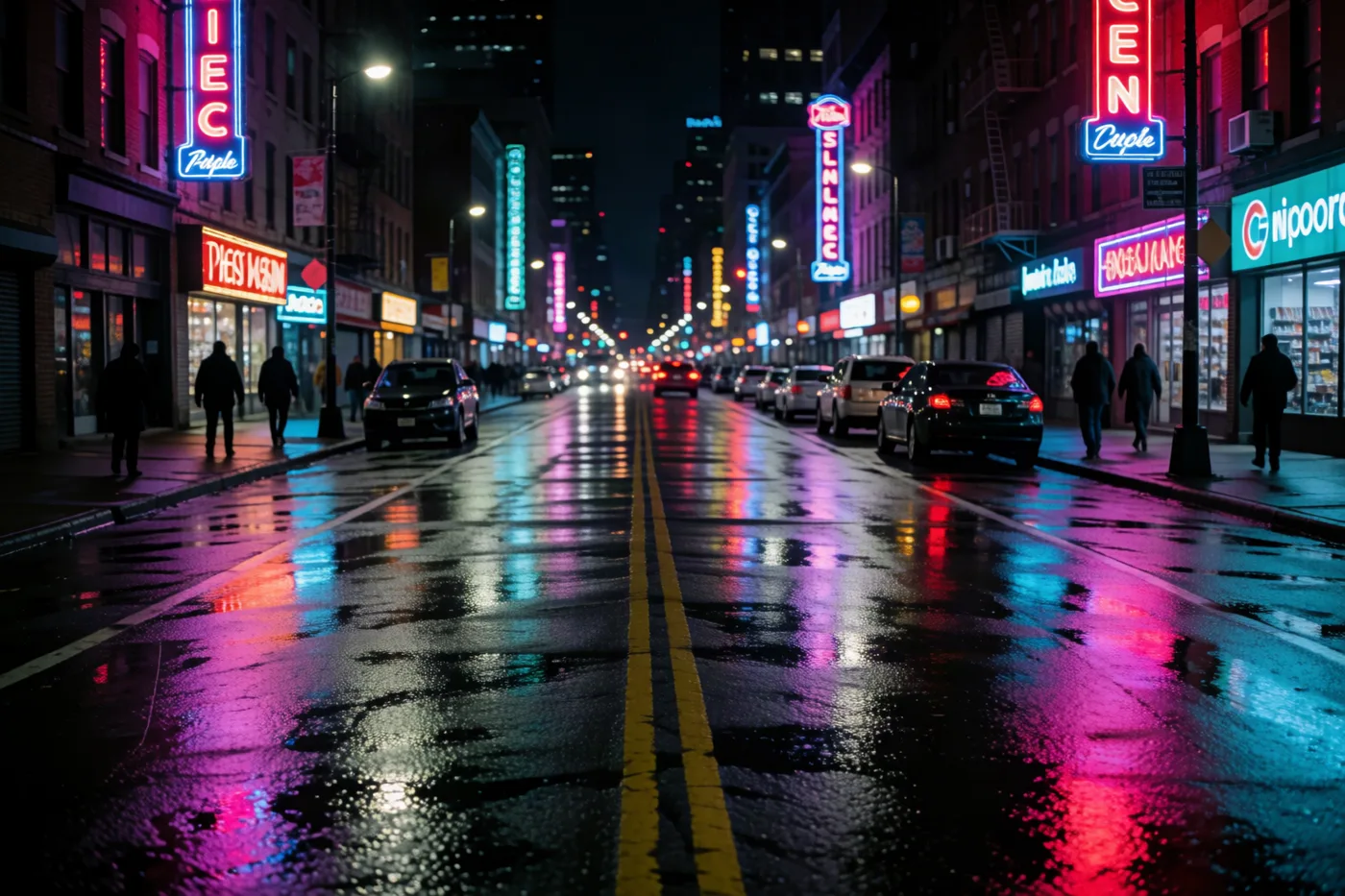 Neon night — clean shadows on the low native ISO.