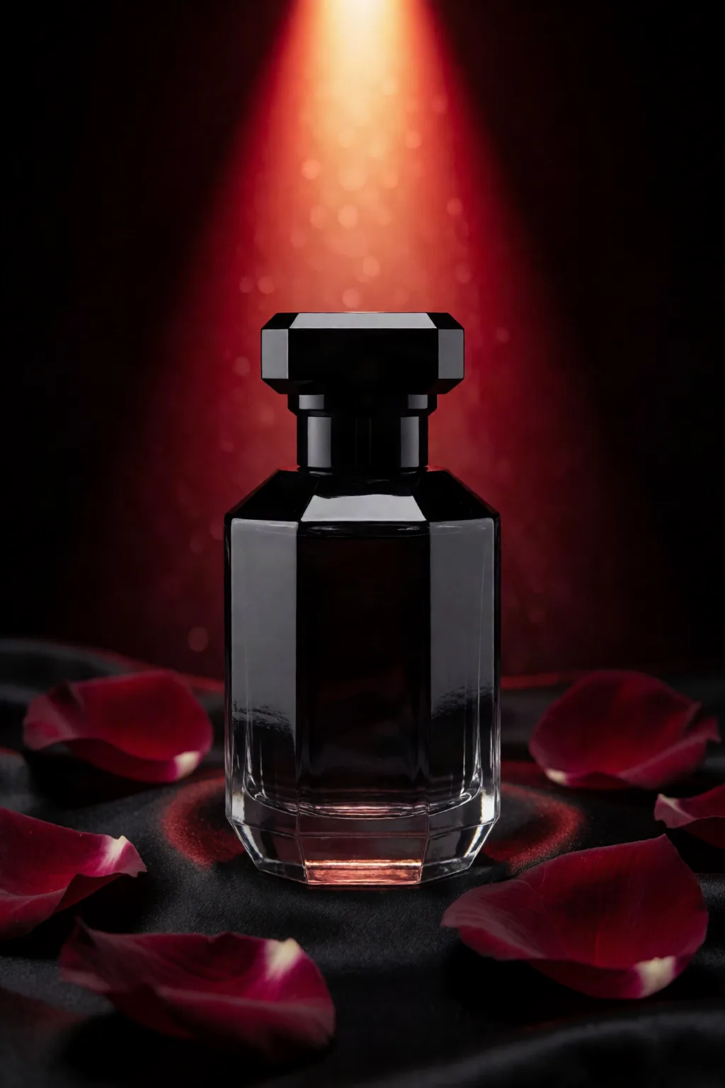 Noctra Nº1 Rose Absolue extrait de parfum, a faceted black flacon in low crimson light